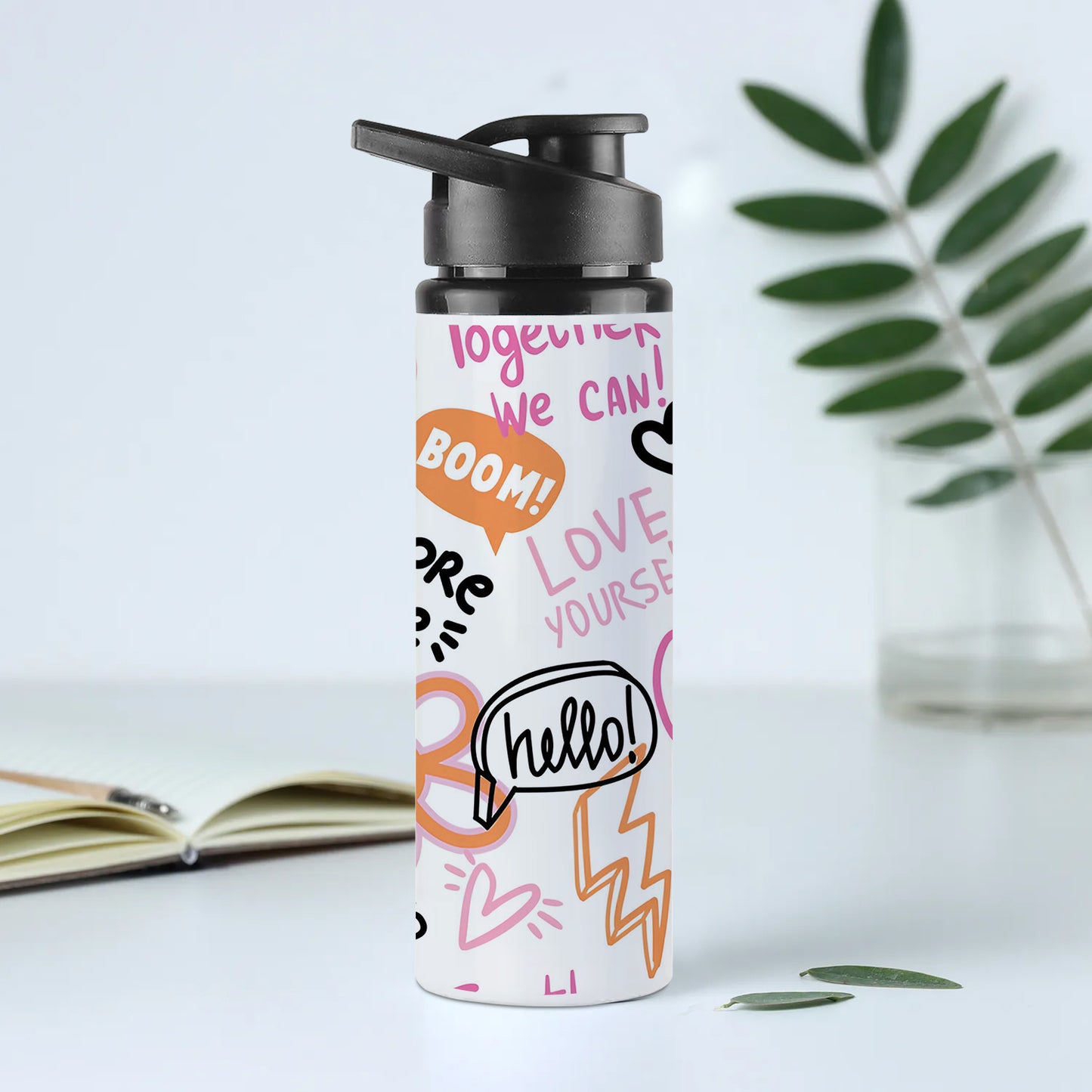 Fashion abstract seamless pattern with graffiti words Printed Eagle Shape Water Bottle 750 ml For Gym, Yoga, Kids, Boys, Girls, Brother, Sister, Babies, Baby, Workout, Adults