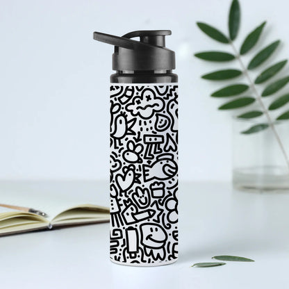 Black in white doodle art Printed Eagle Shape Water Bottle 750 ml For Gym, Yoga, Kids, Boys, Girls, Brother, Sister, Babies, Baby, Workout, Adults