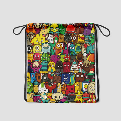 Doodle Smiling Monsters Seamless Pattern Polyester String Backpack Bags for kids for Gym, Yoga, Tuition ,Beach Bag for 4-10 year boys and girls