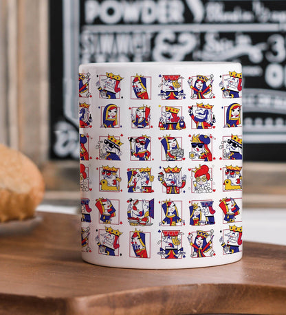 King and Queen Faces Pattern Printed 330 ml White Coffee Mug with Square Shape Wooden Keyring and Chain