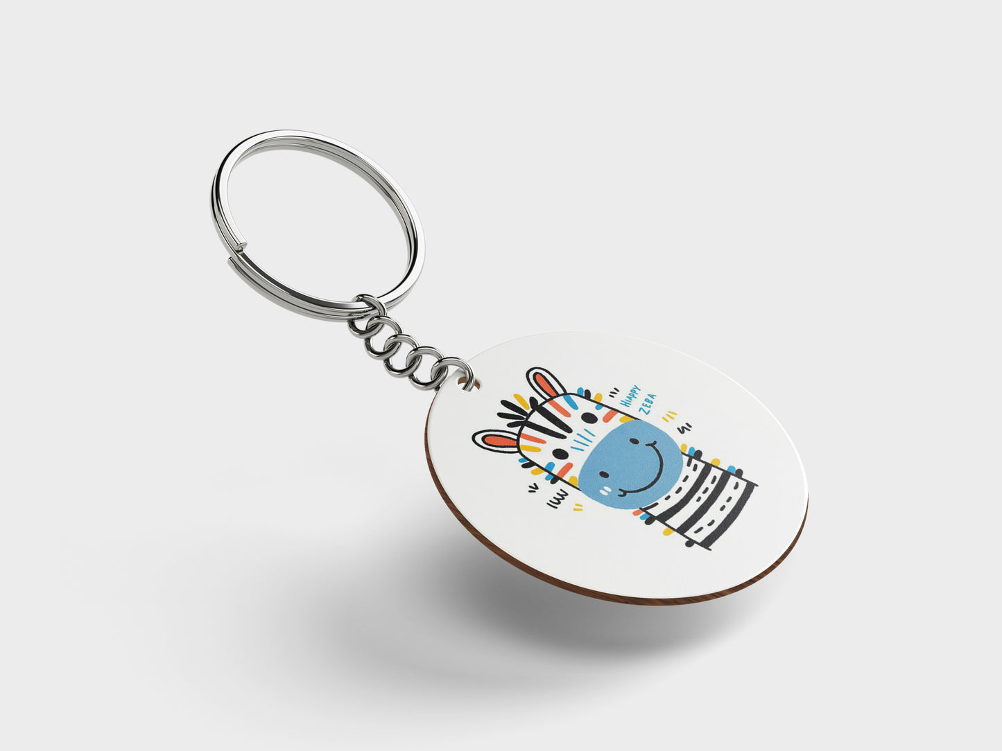 Happy Zebra Printed Circle Shape Wooden Keyring with Chain