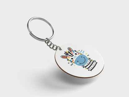 Happy Zebra Printed Circle Shape Wooden Keyring with Chain