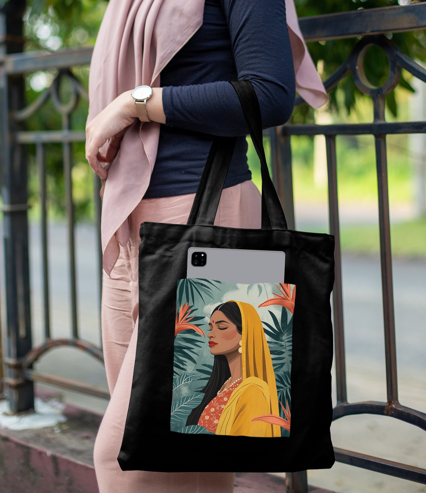 Beautiful Indian women wearing yellow saree Design Printed Black Patch With Pocket Tote Bag (14 X 16 Inches) For Shopping, College, Travel