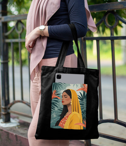 Beautiful Indian women wearing yellow saree Design Printed Black Patch With Pocket Tote Bag (14 X 16 Inches) For Shopping, College, Travel