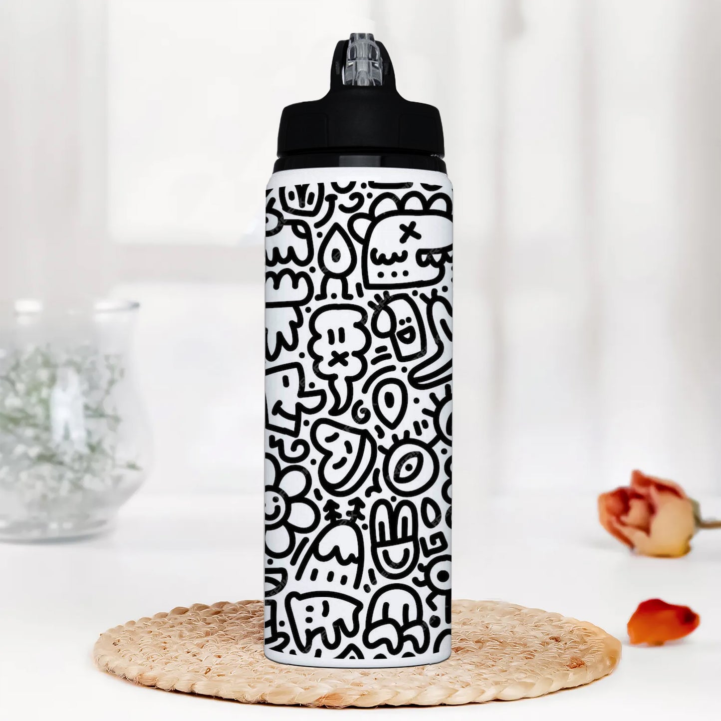 Black in white doodle art Printed Black Nozzle Water Bottle 750 ml For Gym, Yoga, Kids, Boys, Girls, Brother, Sister, Babies, Baby, Workout, Adults