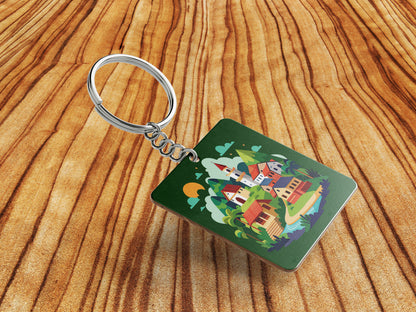 A Cartoon Illustration of a Fantasy Landscape with a Waterfall a Castle and a Mountain Printed Square Shape Wooden Keyring with Chain