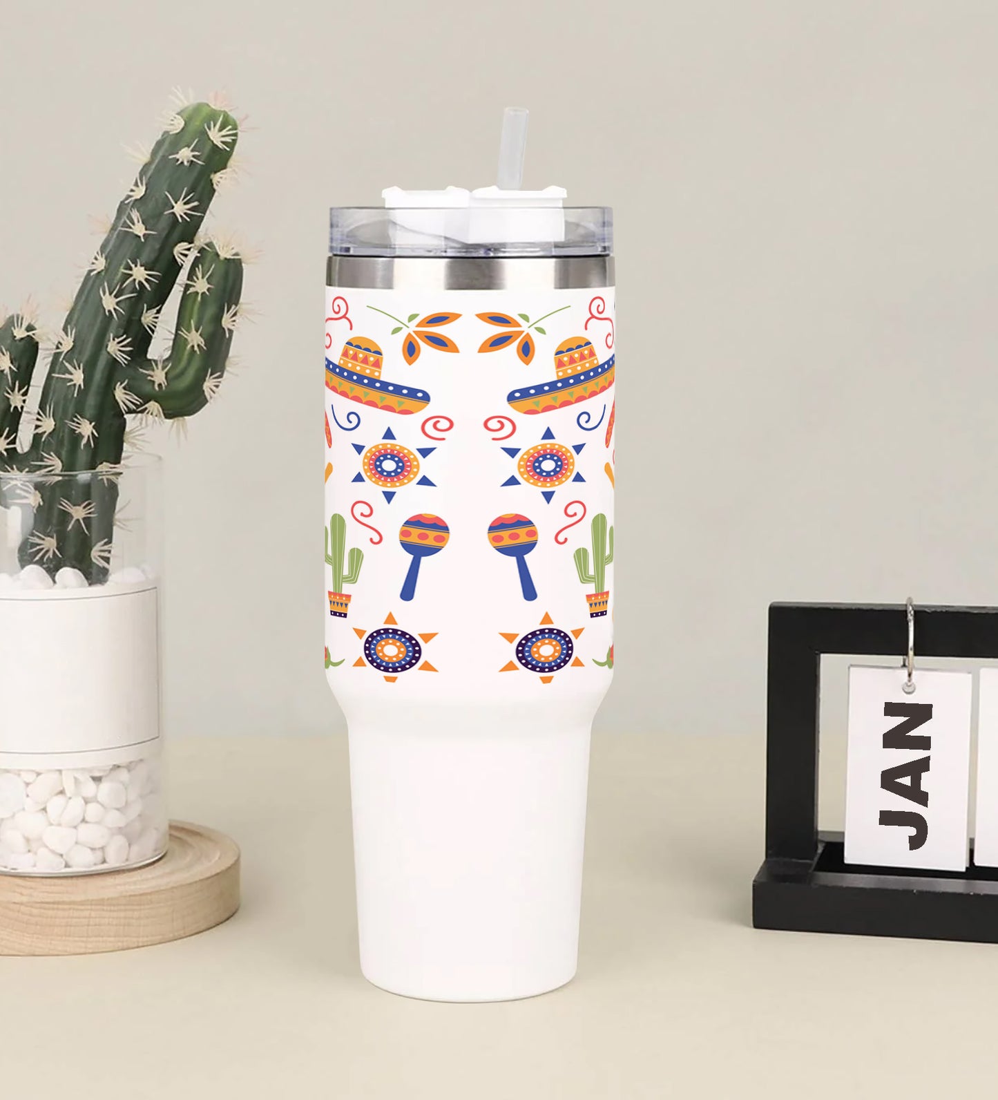 Flat colorful mexican design Printed 850ML with Lid Leak Proof Big Travel Tumbler with Handle and Straw