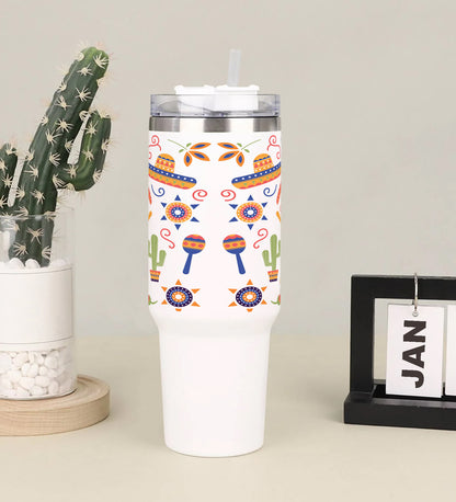 Flat colorful mexican design Printed 850ML with Lid Leak Proof Big Travel Tumbler with Handle and Straw