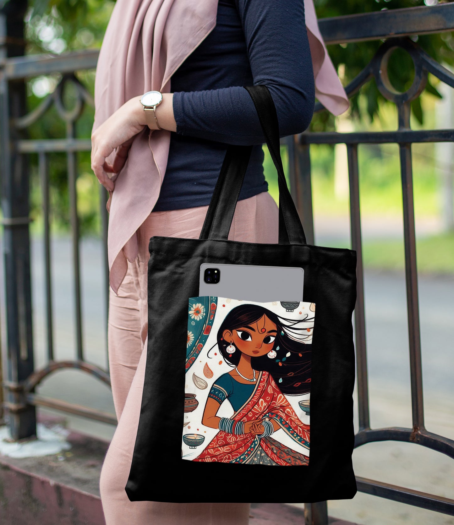 Young indian girl cartoon Design Printed Black Patch With Pocket Tote Bag (14 X 16 Inches) For Shopping, College, Travel