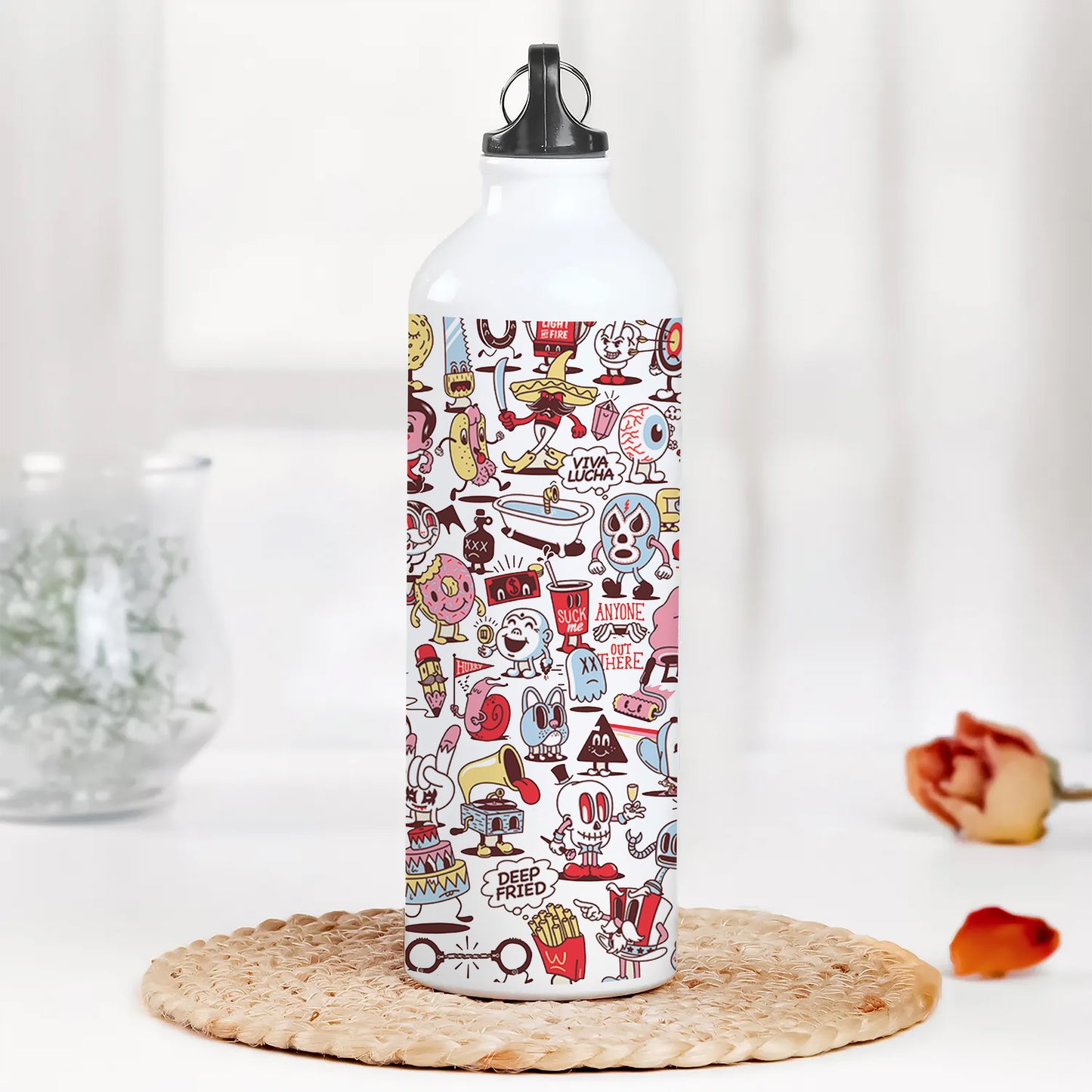 Cartoon doodle Pattern Printed Normal Sipper Water Bottle 750 ml For Gym, Yoga, Kids, Boys, Girls, Brother, Sister, Babies, Baby, Workout, Adults