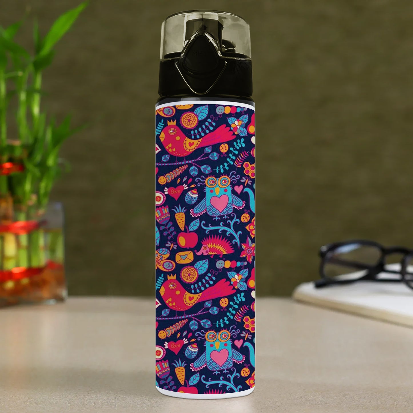 Owl, rabbit, butterfly, hedgehog Forest seamless pattern Printed Flip Flop Water Bottle 750 ml For Gym, Yoga, Kids, Boys, Girls, Brother, Sister, Babies, Baby, Workout, Adults