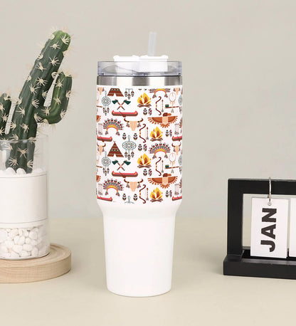 Seamless Pattern American Tribal Native Symbols Printed 850ML with Lid Leak Proof Big Travel Tumbler with Handle and Straw