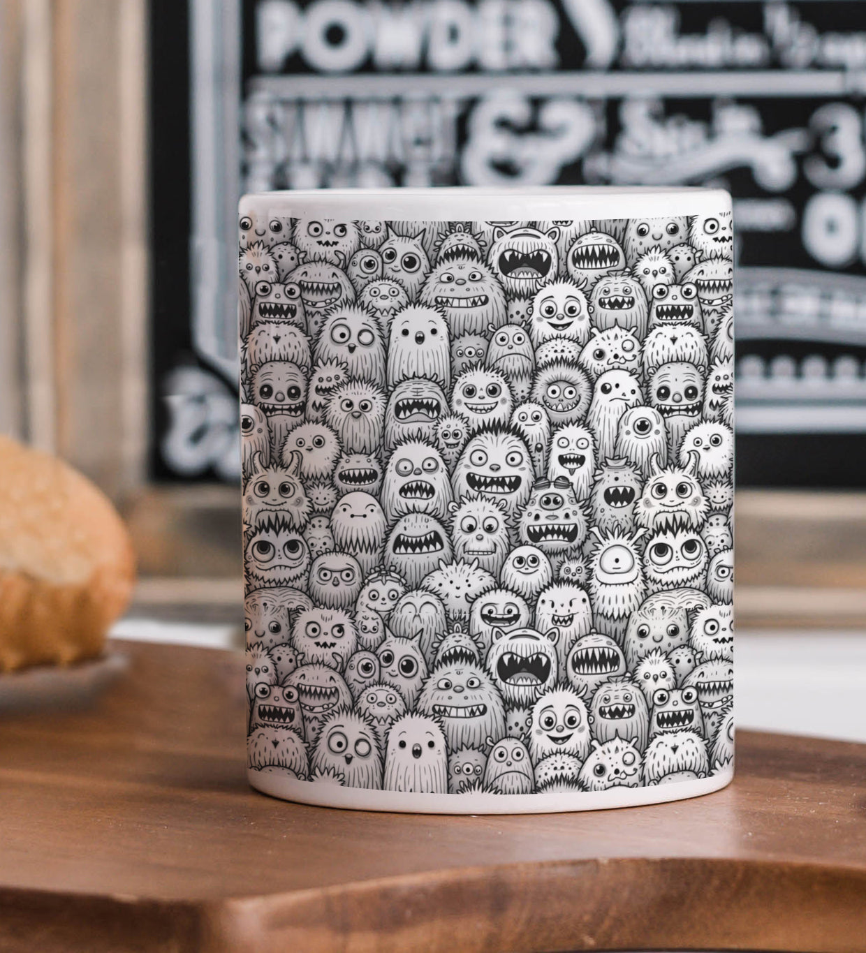 Black and White Monster Pattern Printed 330 ml White Coffee Mug with Square Shape Wooden Keyring and Chain