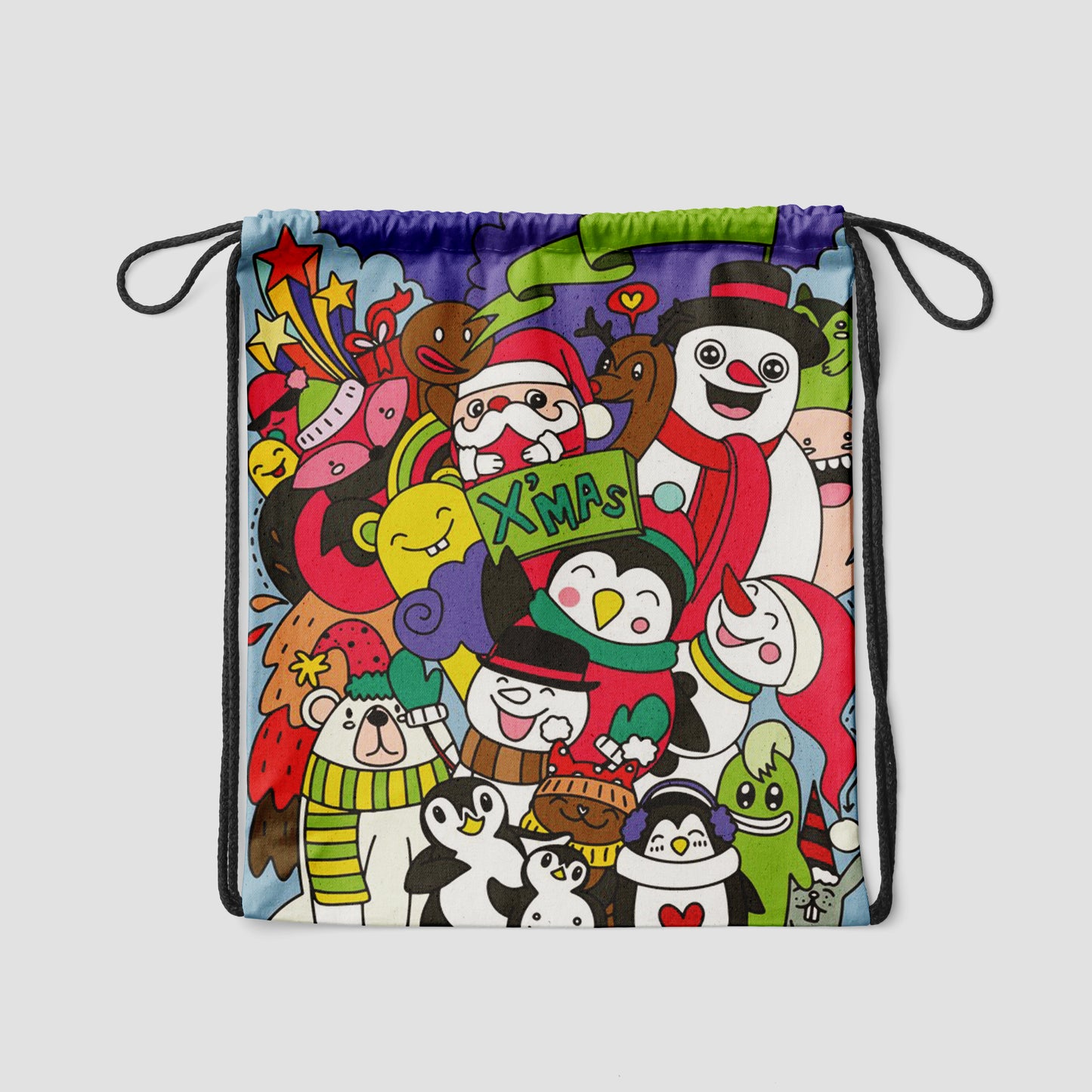 Hand Drawn Christmas Doodle Art Polyester String Backpack Bags for kids for Gym, Yoga, Tuition ,Beach Bag for 4-10 year boys and girls