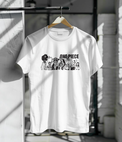 One piece anime design Printed White Round Neck Polyester T Shirt for Mens and woman's