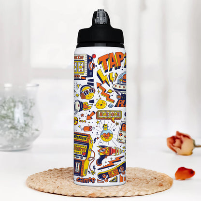 Game city colorfull doodle art Printed Black Nozzle Water Bottle 750 ml For Gym, Yoga, Kids, Boys, Girls, Brother, Sister, Babies, Baby, Workout, Adults