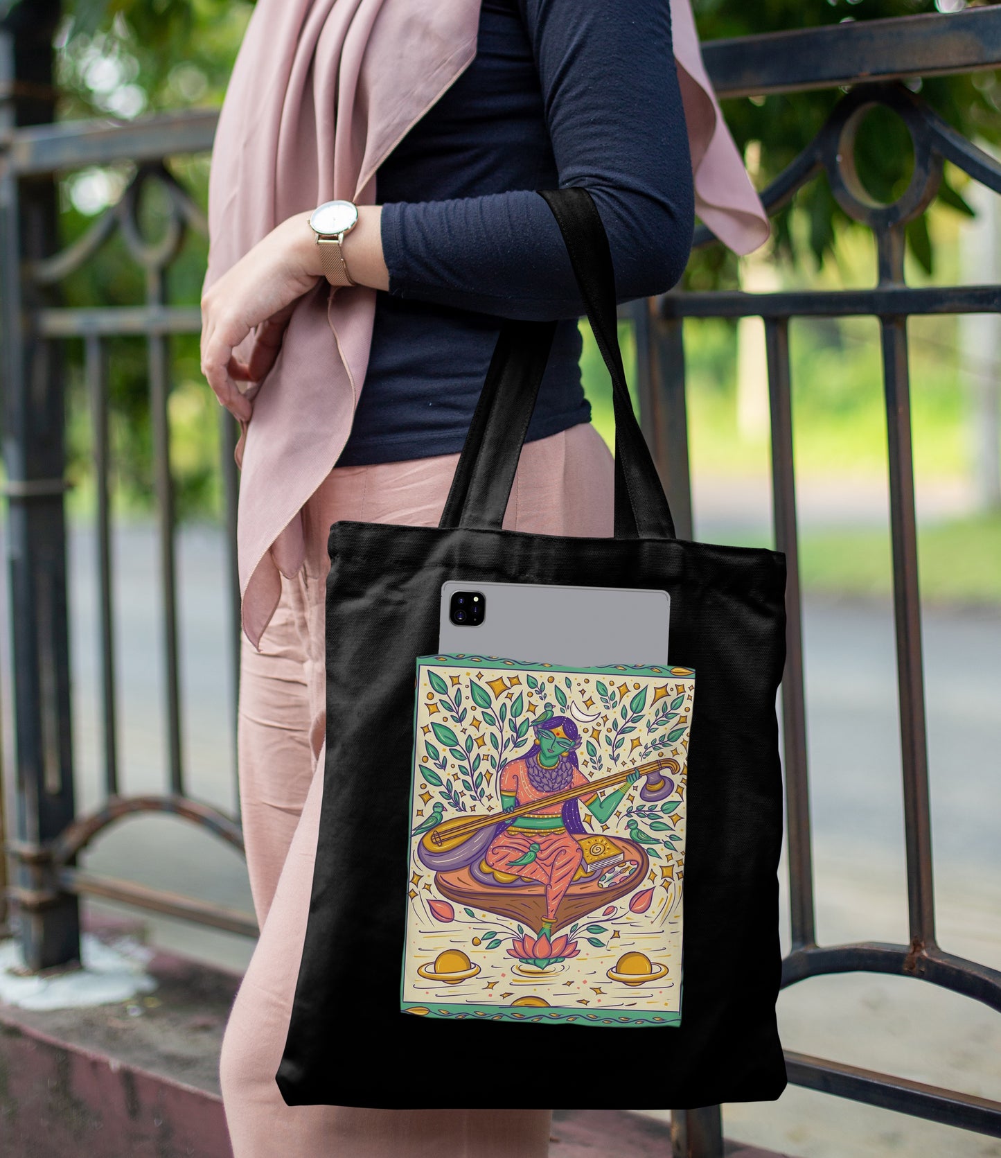 Indian Bengal Folk Art Design Printed Black Patch With Pocket Tote Bag (14 X 16 Inches) For Shopping, College, Travel