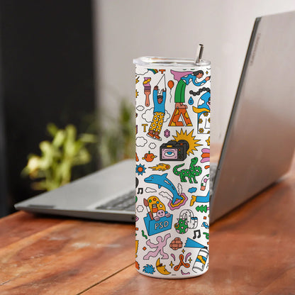 Colorful Hand drawing Doodle art Printed 750ML with Lid Leak Proof Travel Tumbler with Straw