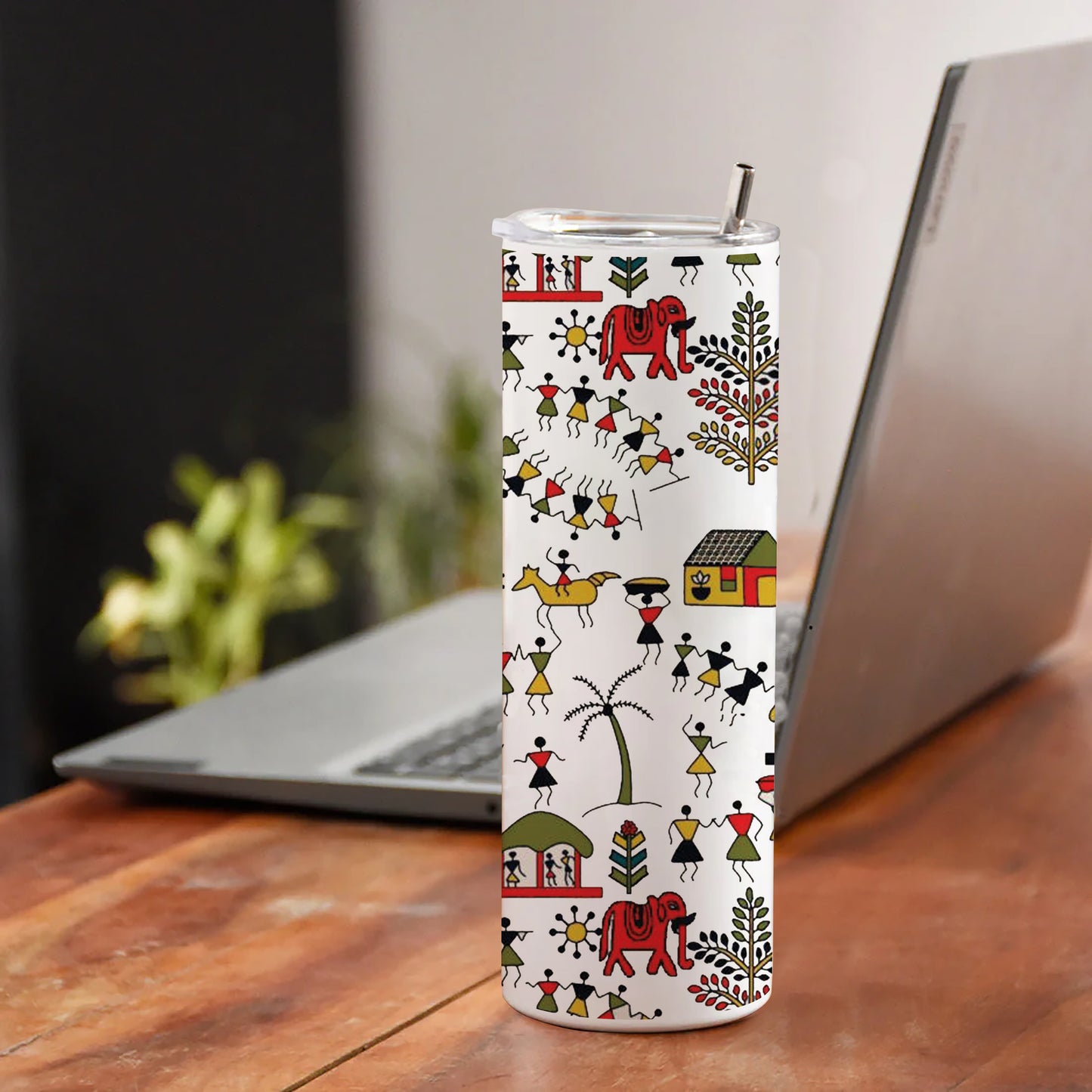 Hand drawn traditional the ancient tribal art India Printed 750ML with Lid Leak Proof Travel Tumbler with Straw