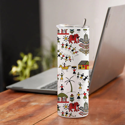 Hand drawn traditional the ancient tribal art India Printed 750ML with Lid Leak Proof Travel Tumbler with Straw
