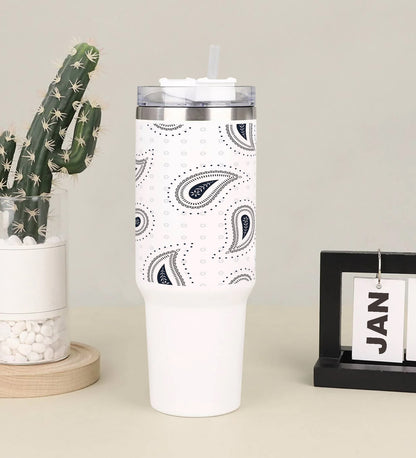 Simple paisley black pattern Printed 850ML with Lid Leak Proof Big Travel Tumbler with Handle and Straw