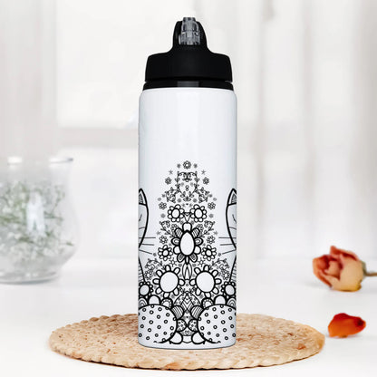 Black in white doodle art cat and birds Printed Black Nozzle Water Bottle 750 ml For Gym, Yoga, Kids, Boys, Girls, Brother, Sister, Babies, Baby, Workout, Adults