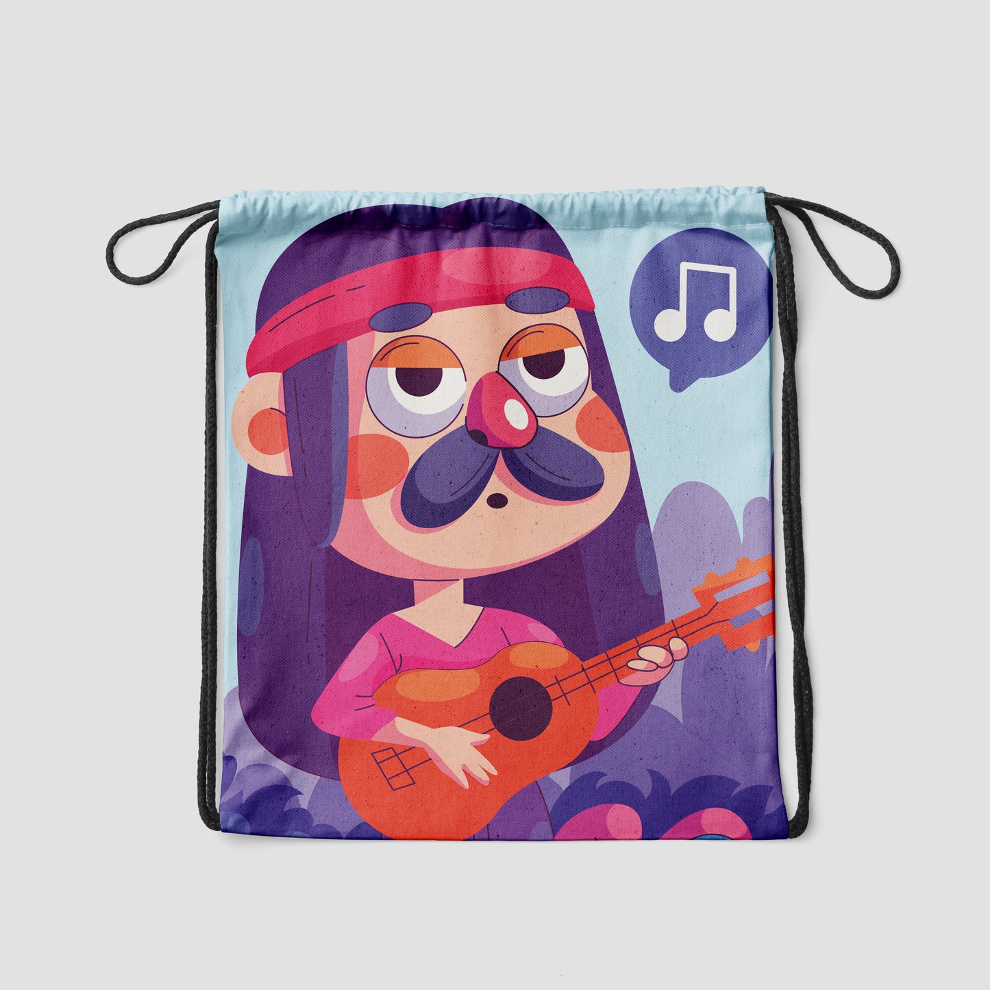 Hand Drawn Singing Hippie Cartoon illustration Polyester String Backpack Bags for kids for Gym, Yoga, Tuition ,Beach Bag for 4-10 year boys and girls