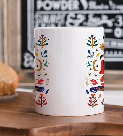 Tigers Illustration Pattern Printed 330 ml White Coffee Mug with Square Shape Wooden Keyring and Chain