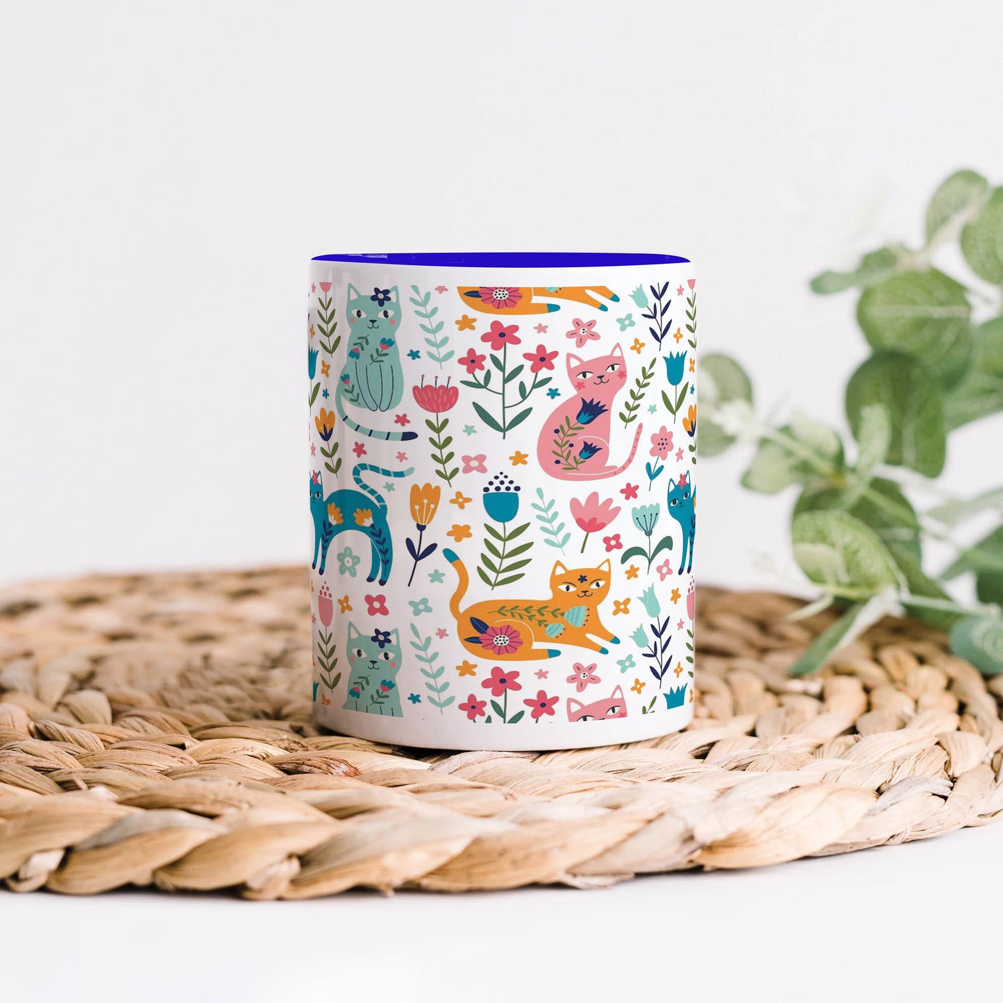 Vector seamless pattern with flowers and Cute Flower Cats  Dark Blue Handle 330 ml Coffee Mug