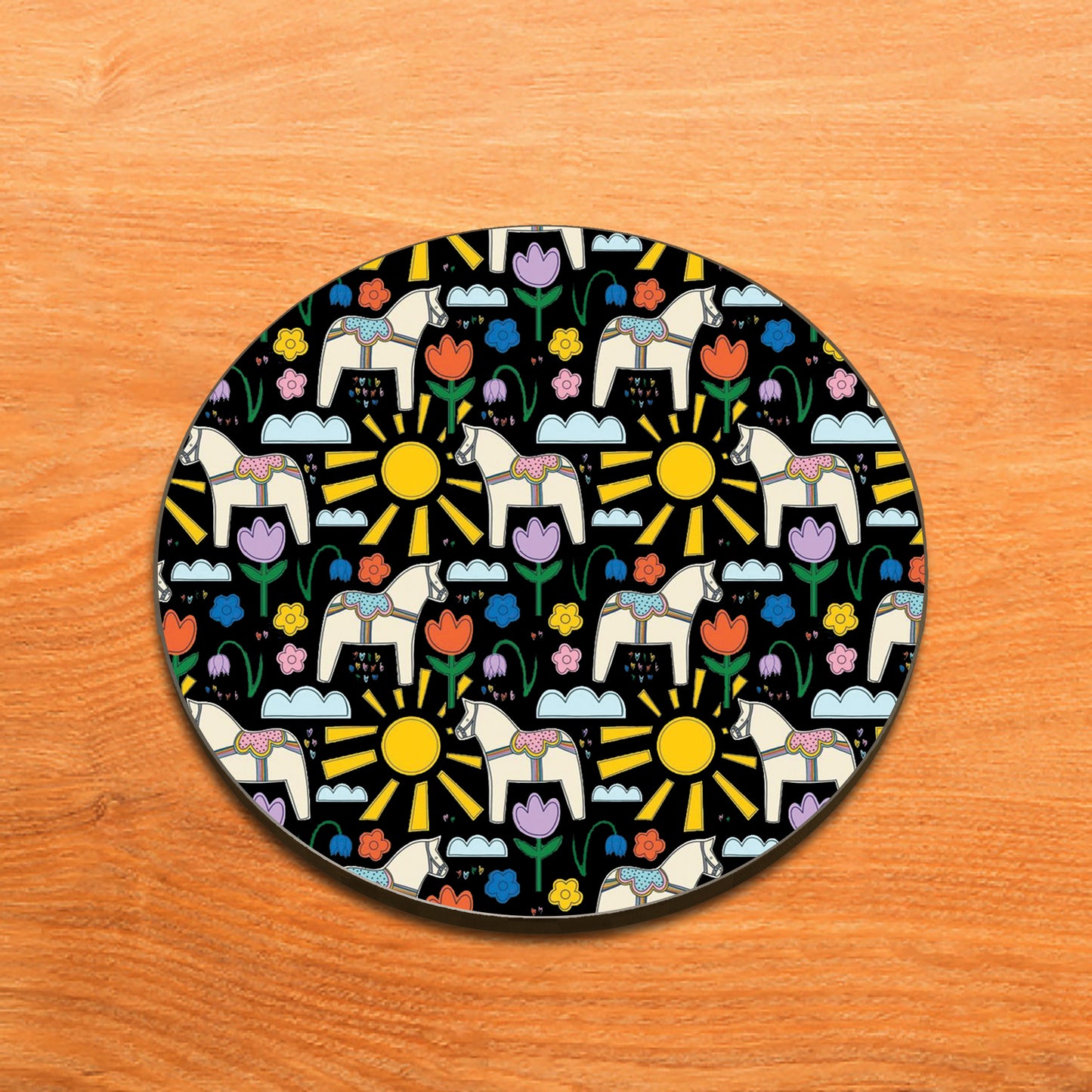 Folk Art Design Full Black 330 ml Coffee Mug with Coaster