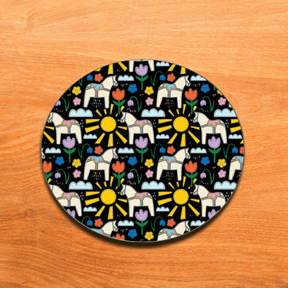 Folk Art Design Full Black 330 ml Coffee Mug with Coaster