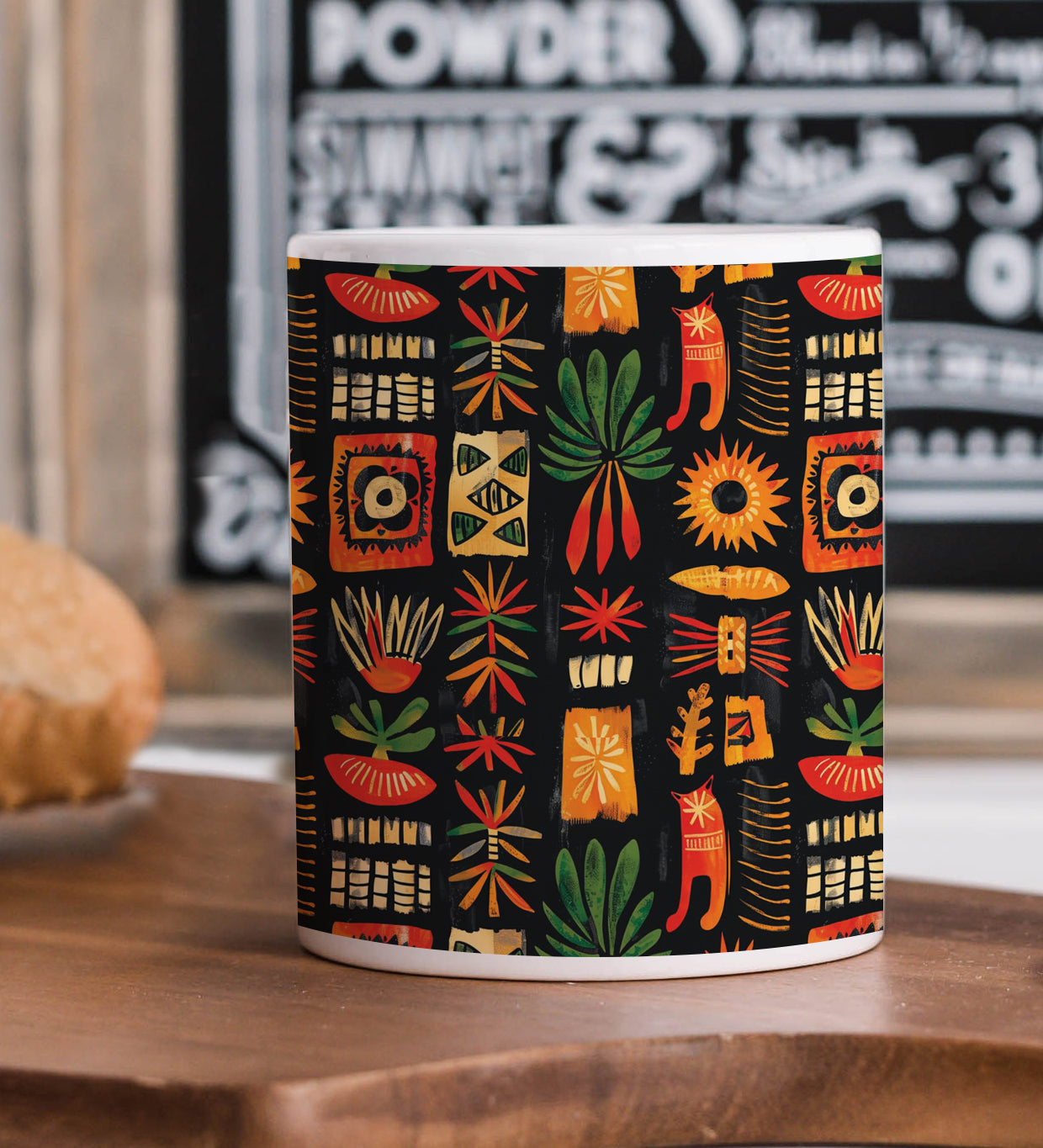 African Tribal Pattern Printed 330 ml White Coffee Mug with Square Shape Wooden Keyring and Chain