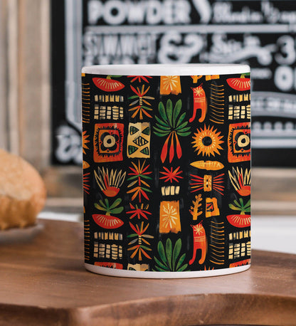 African Tribal Pattern Printed 330 ml White Coffee Mug with Square Shape Wooden Keyring and Chain