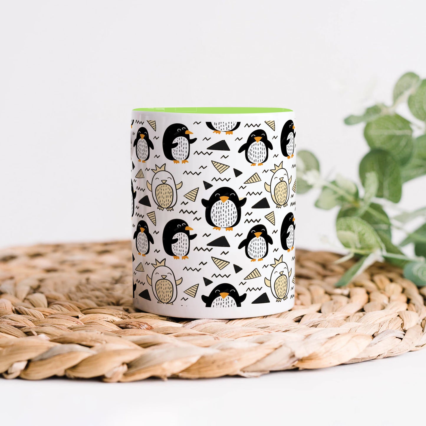Hand drawn penguin doodle pattern Light Green Handle 330 ml Coffee Mug