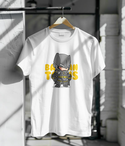 Cute batman illustration icon vector flat cartoon style Printed White Round Neck Polyester T Shirt for Mens and woman's