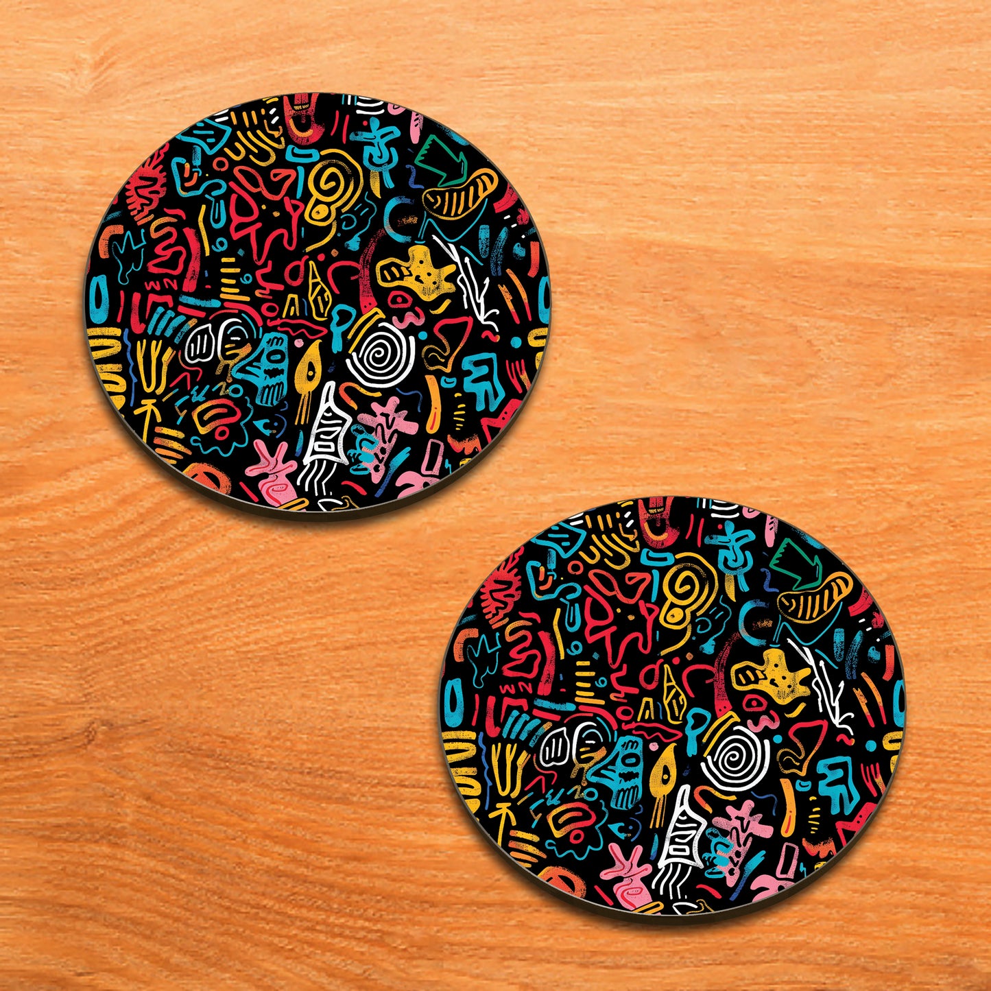 Colorful Word Pattern Art Combo Mugs and Coaster(Set of 2 Mugs and 2 coasters) 330 ml Full Black Coffee Mug
