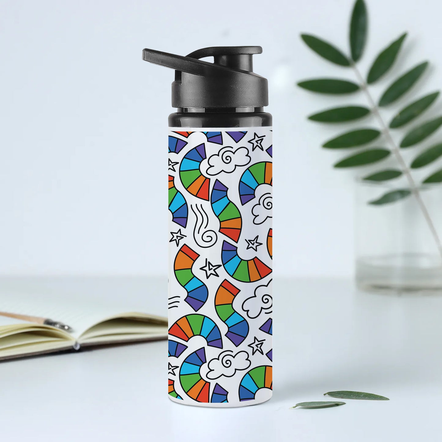 Hand drawn rainbow pattern design Printed Eagle Shape Water Bottle 750 ml For Gym, Yoga, Kids, Boys, Girls, Brother, Sister, Babies, Baby, Workout, Adults