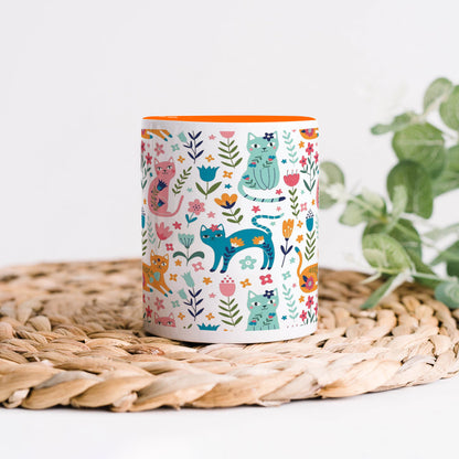 Vector seamless pattern with flowers and cats Cute Flower in cartoon style Handle 330 ml Coffee Mug