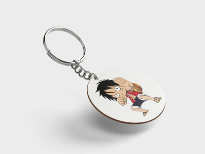 Child Monkey D Luffy  Sticker Design Printed Circle Shape Wooden Keyring with Chain