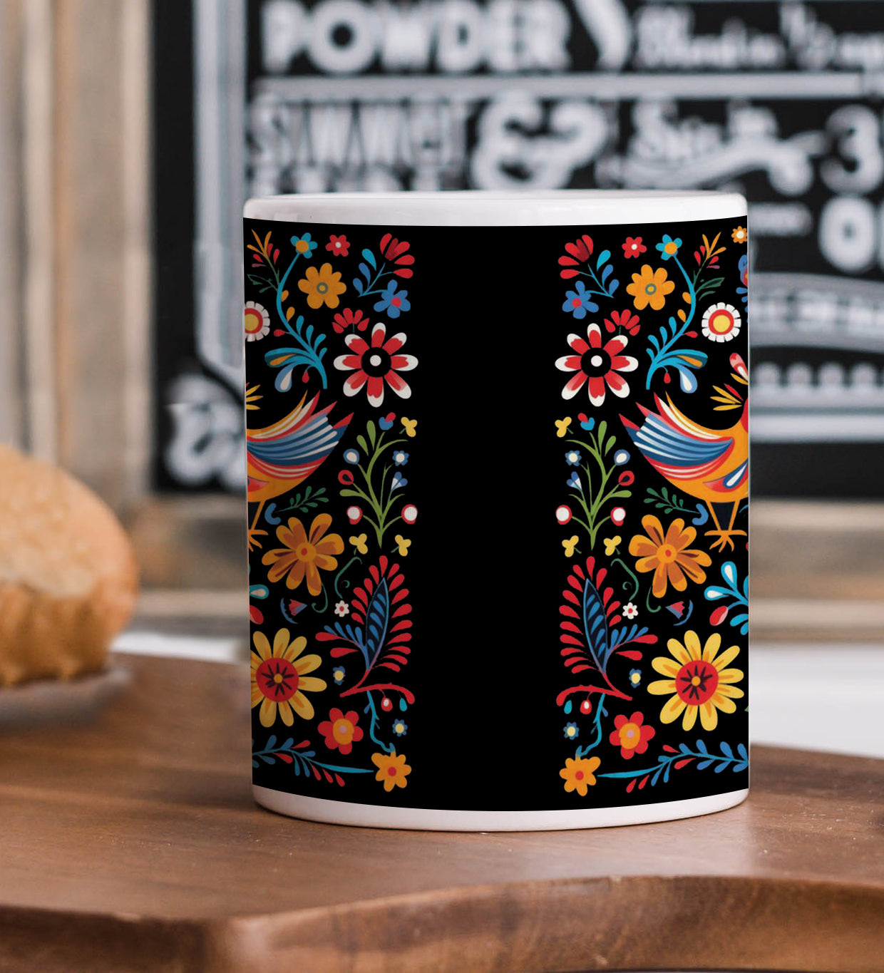 Mexican Folk Art Patterns Printed 330 ml White Coffee Mug with Square Shape Wooden Keyring and Chain