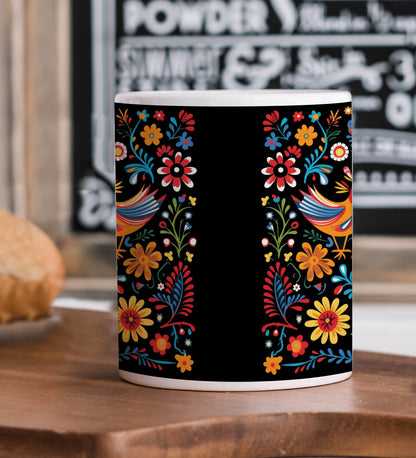 Mexican Folk Art Patterns Printed 330 ml White Coffee Mug with Square Shape Wooden Keyring and Chain