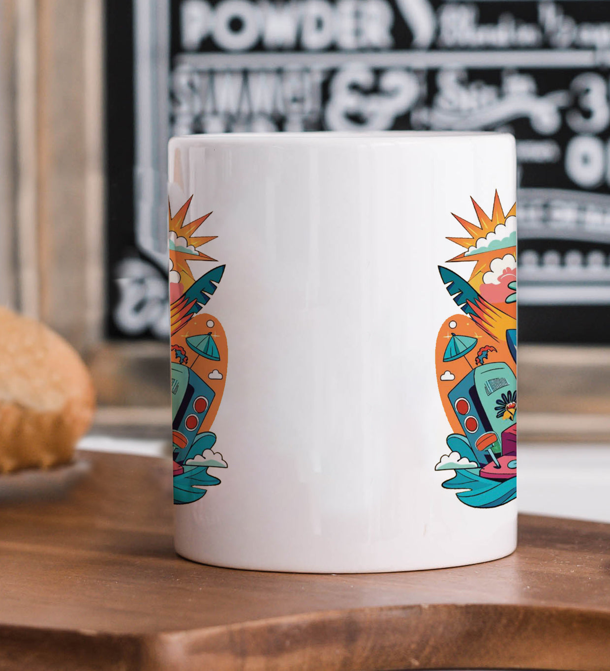 Humorous Pop Culture Pattern Printed 330 ml White Coffee Mug with Square Shape Wooden Keyring and Chain