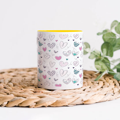 Pretty hearts pattern design Yellow Handle 330 ml Coffee Mug