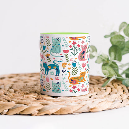 Vector seamless pattern with flowers and cats Cute Flower Cats in cartoon style Light Green Handle 330 ml Coffee Mug