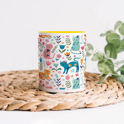 Vector seamless pattern with flowers and cats Cute Flower Cats in cartoon style Yellow Handle 330 ml Coffee Mug