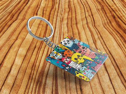 Colorful cat doodle art Printed Square Shape Wooden Keyring with Chain