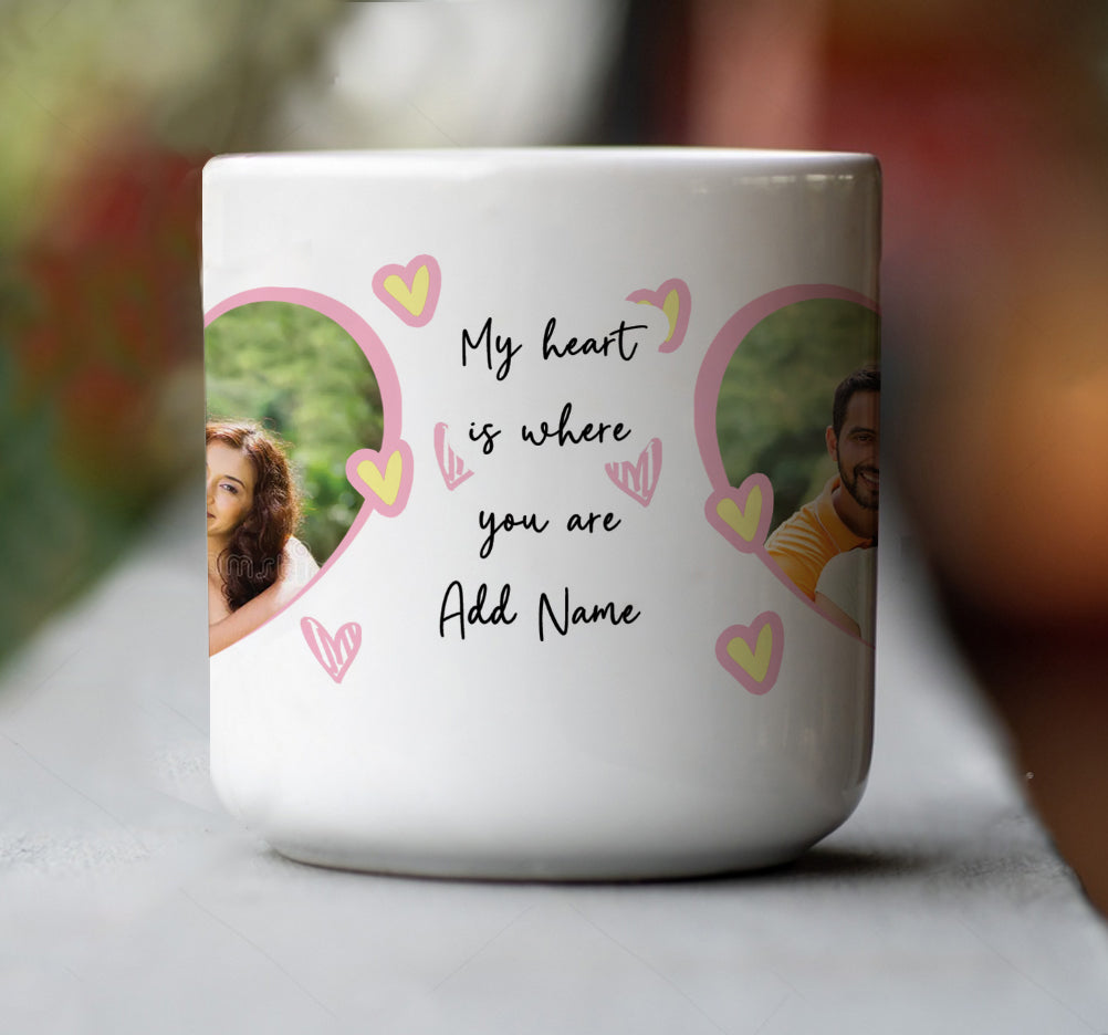 Couple Customized Add Two Photos Magic Inner Heart Cut Handle 330 ml Coffee Mug