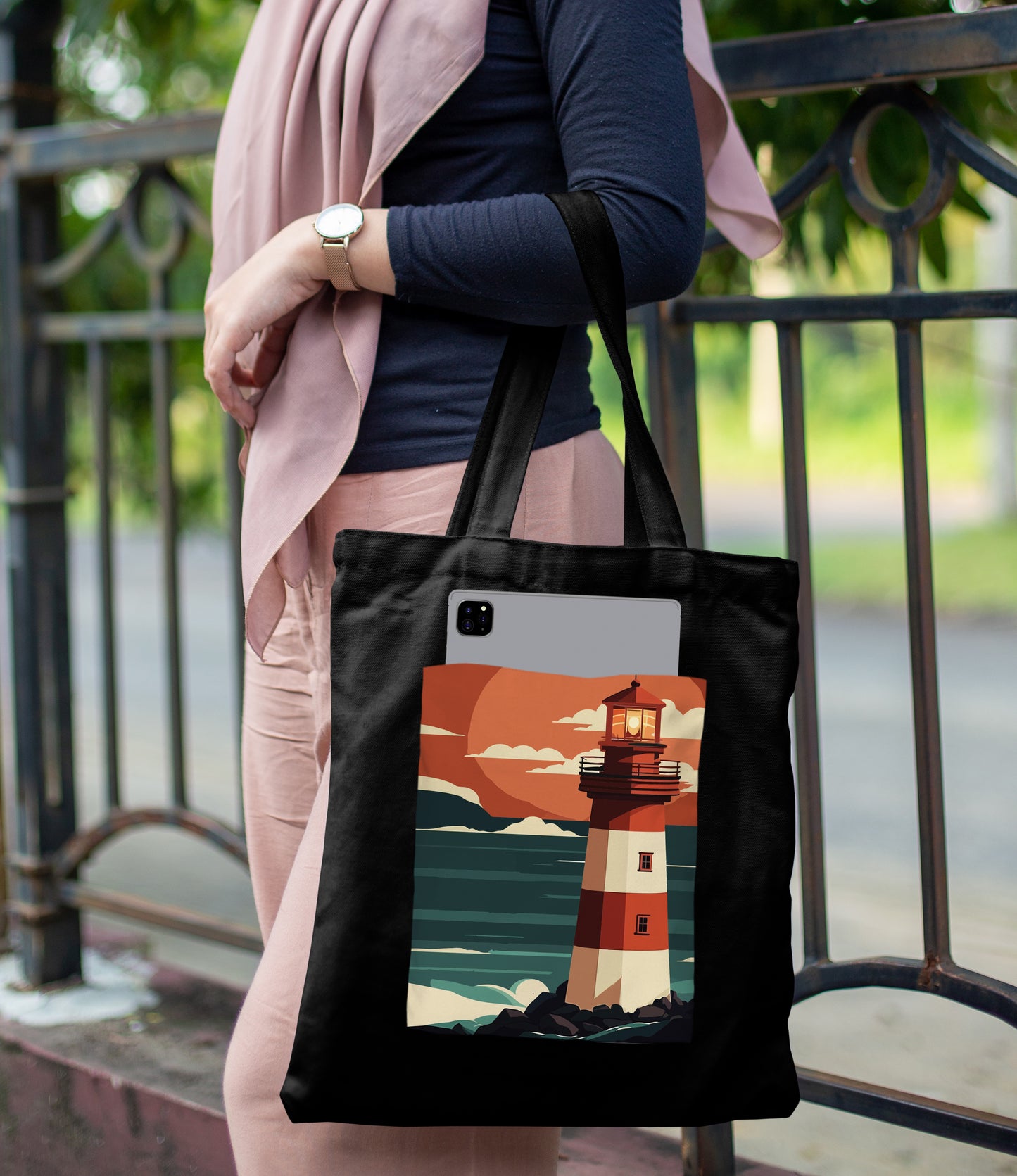 Lighthouse and sunset vector Design Printed Black Patch With Pocket Tote Bag (14 X 16 Inches) For Shopping, College, Travel