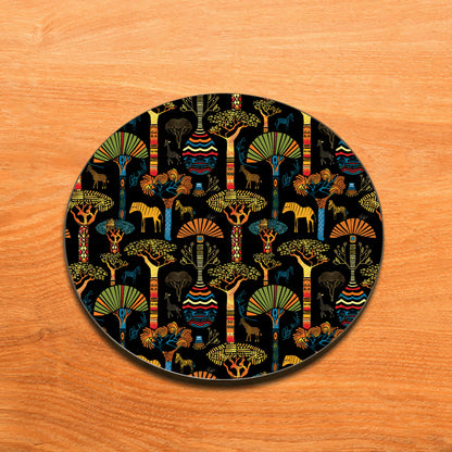 Tree and Animals African Pattern Design Full Black 330 ml Coffee Mug with Coaster