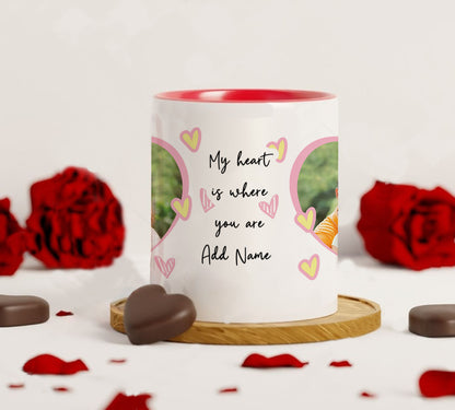 Couple Customized Add Two Photos Red Heart Handle 330 ml Coffee Mug